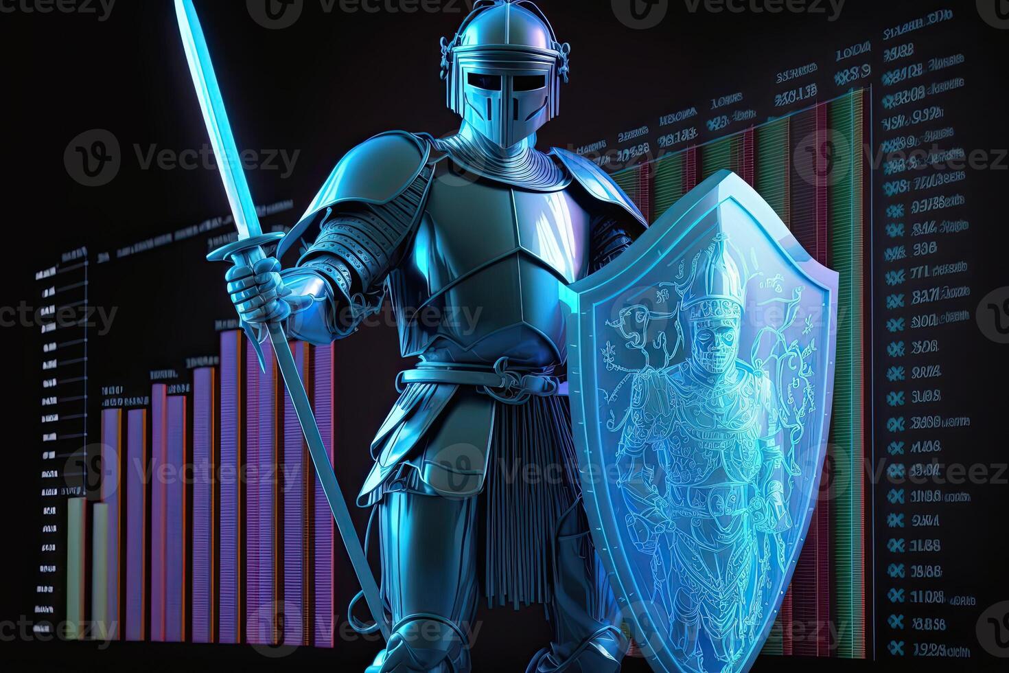 A cyborg holding a futuristic sword with shield, digital hologram graphs background, digital art style. . photo