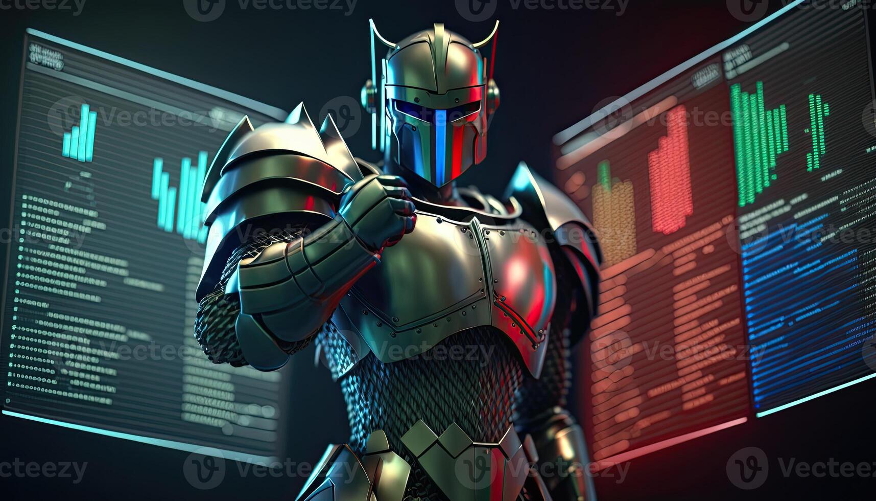 A cyborg robot in digital hologram graphs background, digital art style. . photo