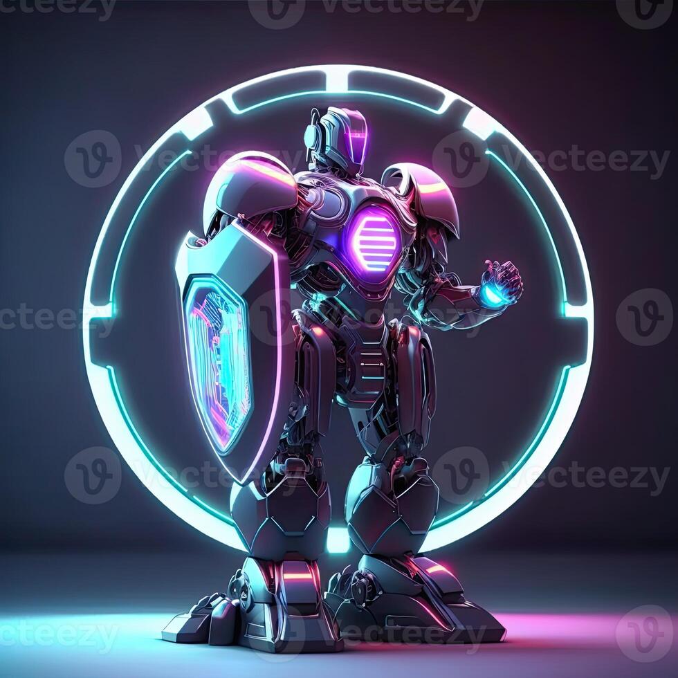 A cyborg holding a futuristic shield, digital art style. . photo