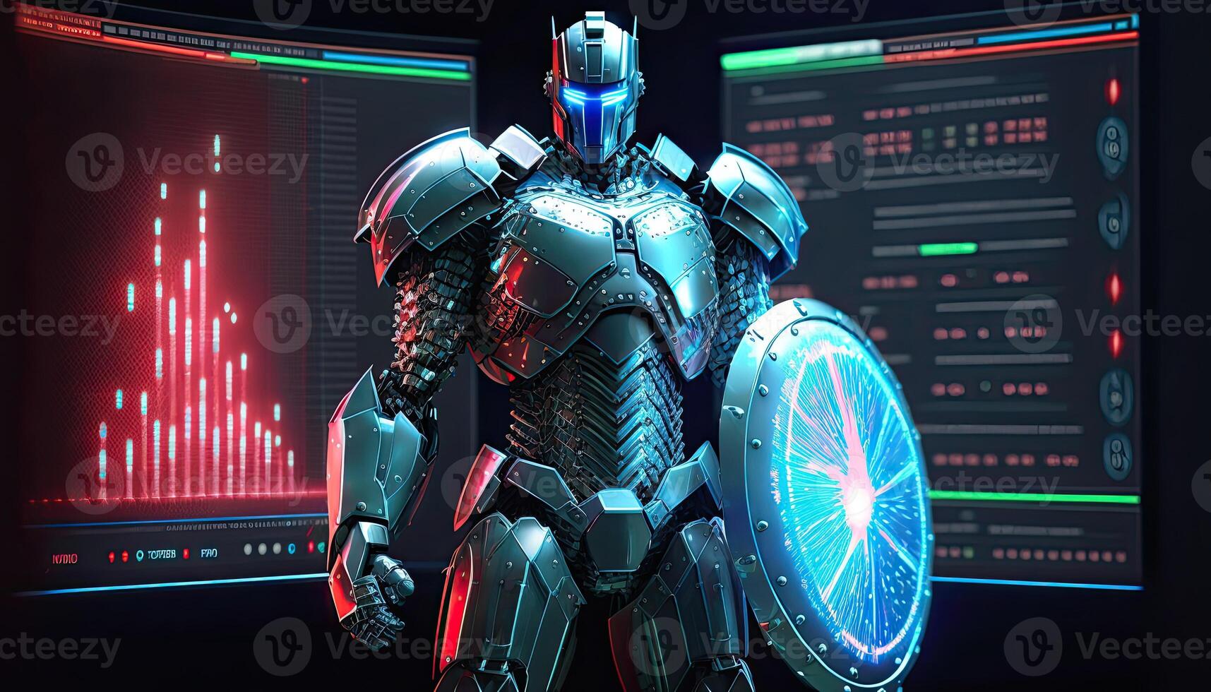 A cyborg holding a futuristic with shield, digital hologram graphs background, digital art style. . photo