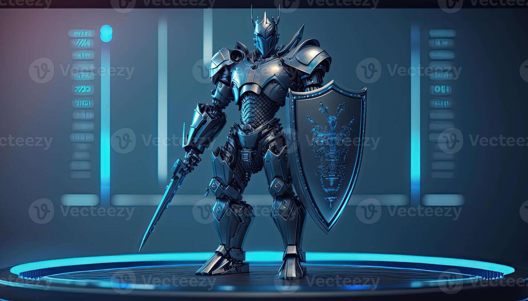 A cyborg holding a futuristic sword with shield, digital hologram graphs background, digital art style. . photo
