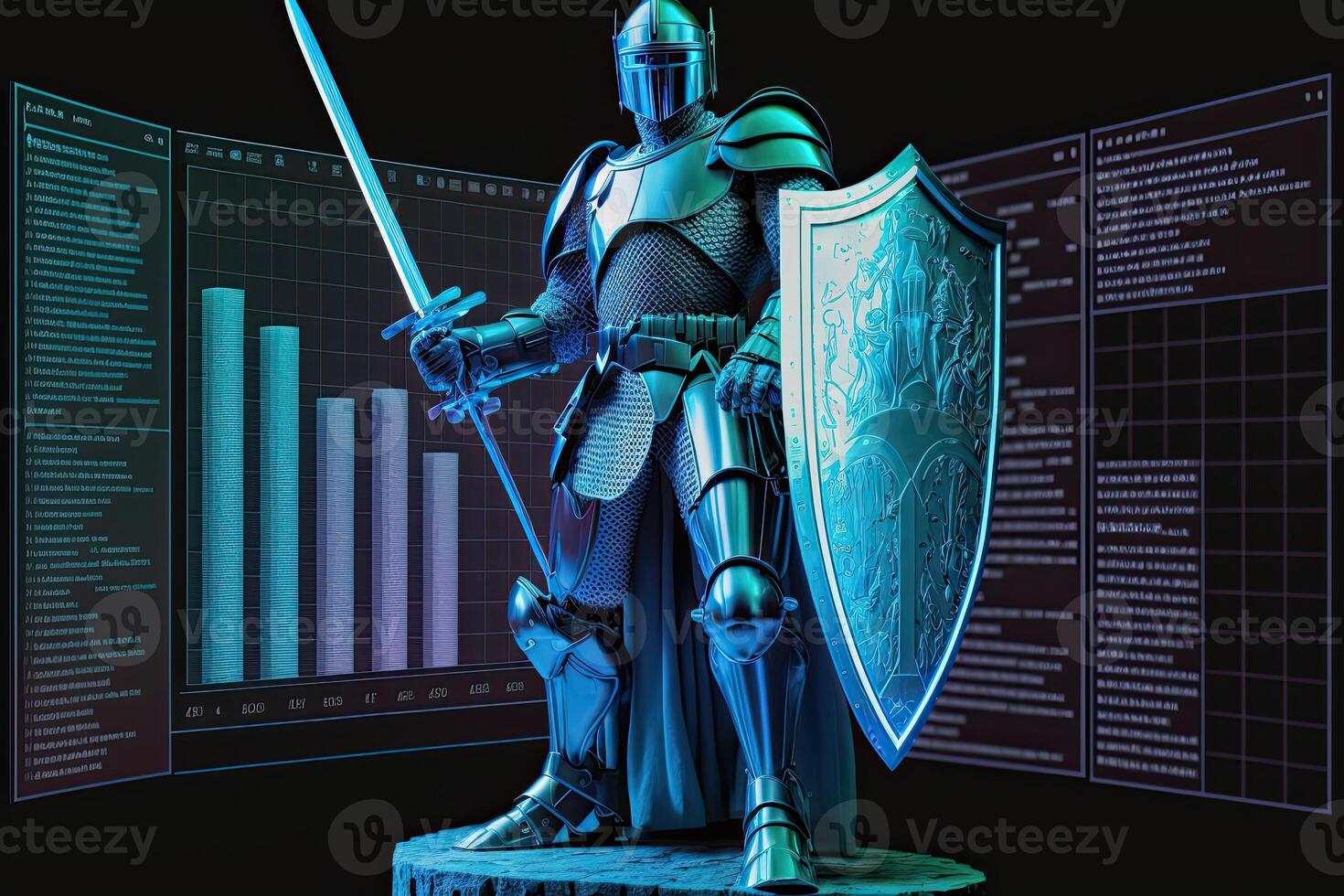 A cyborg holding a futuristic sword with shield, digital hologram graphs background, digital art style. . photo