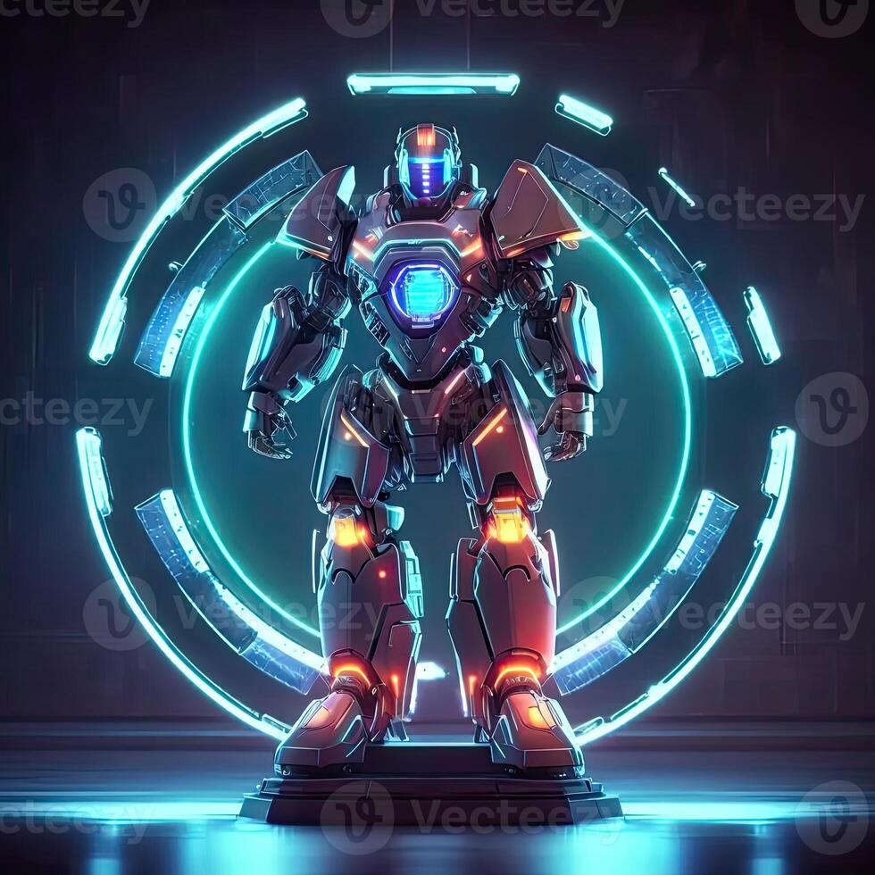Robot, neon high-tech concept, sports game of cyberpunk science fiction, a scene stand pedestal stage, illustration, and futuristic neon glow. photo