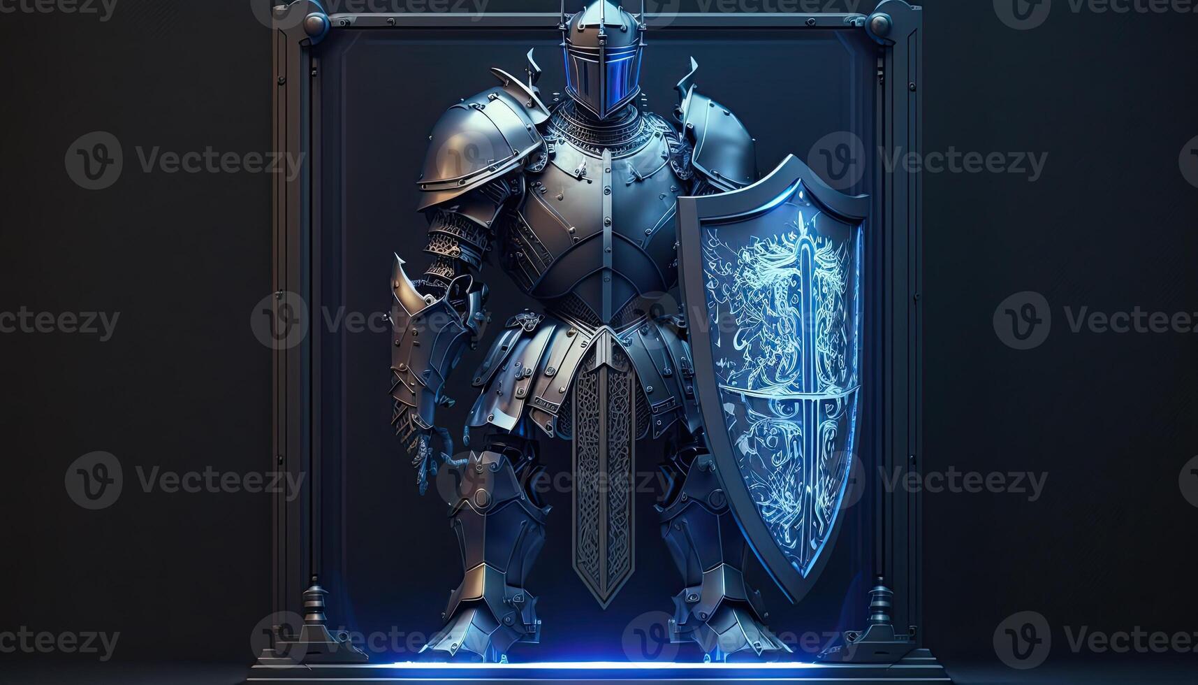 A cyborg holding a futuristic shield, digital art style. . photo