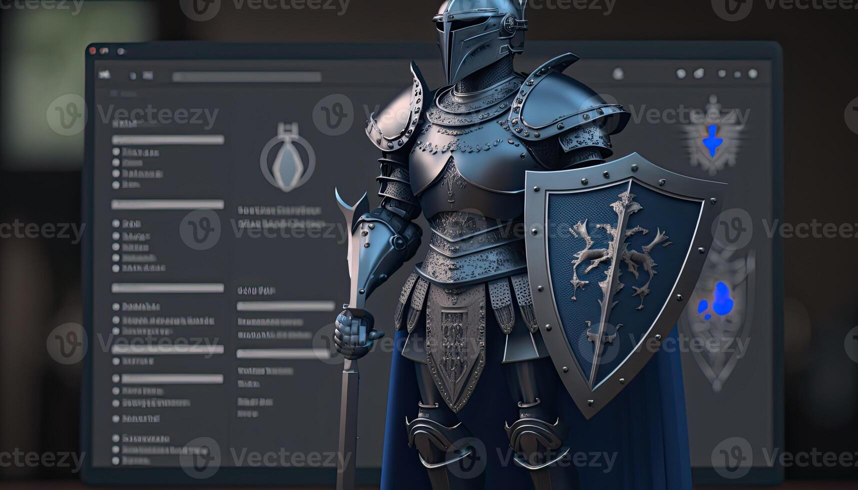 A cyborg holding a futuristic sword with shield, digital hologram graphs background, digital art style. . photo