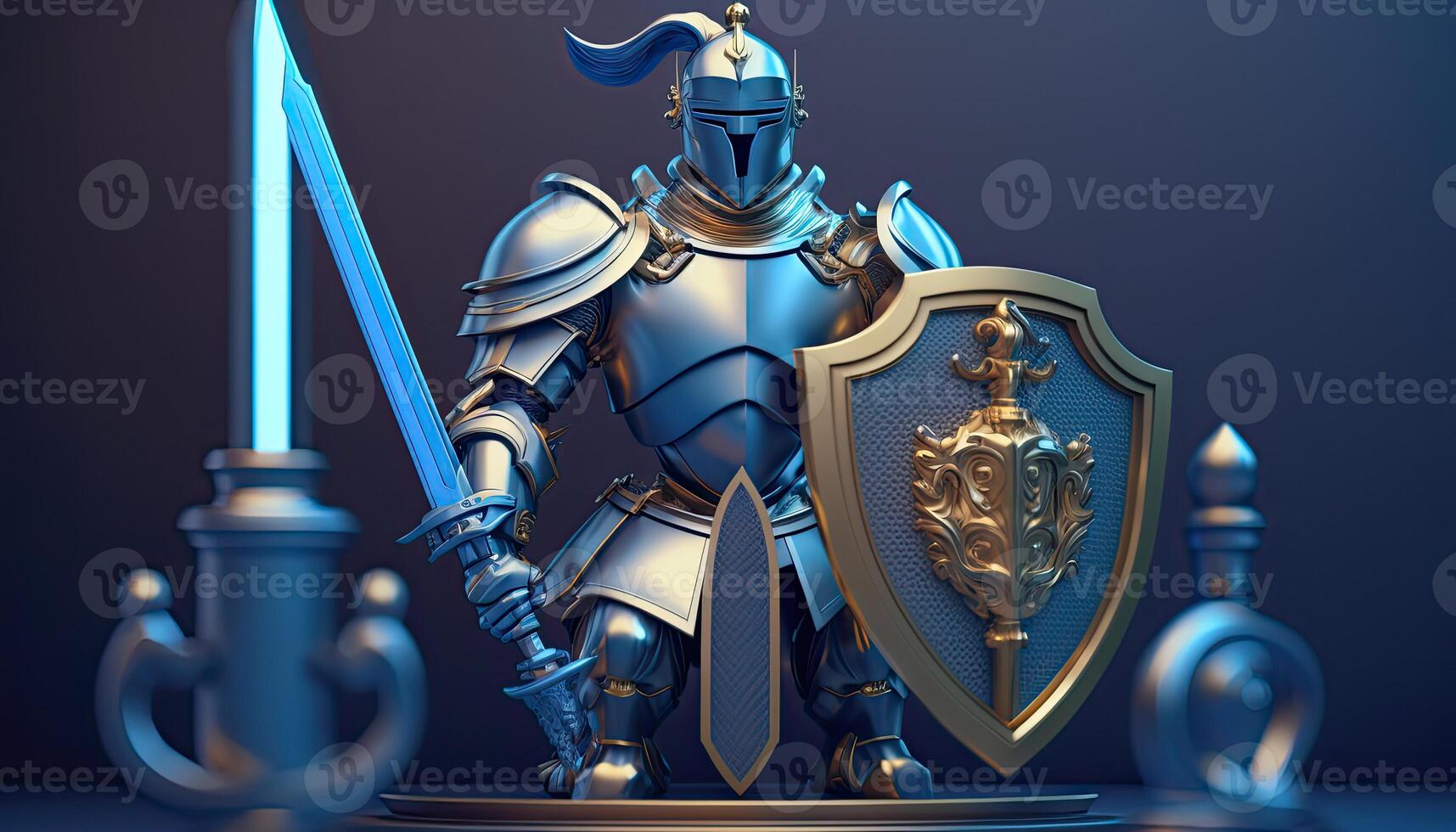 A cyborg holding a futuristic sword with shield, digital art style. . photo