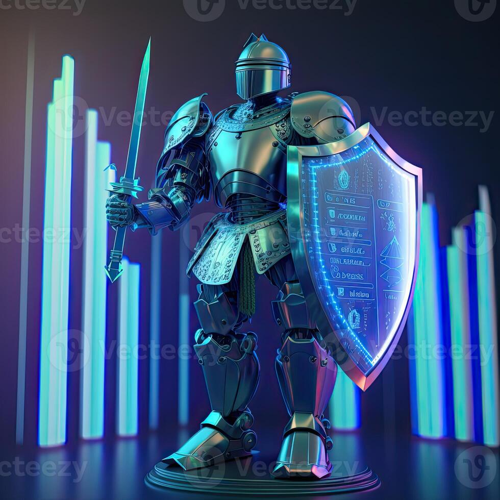 A cyborg holding a futuristic sword with shield, digital hologram graphs background, digital art style. . photo