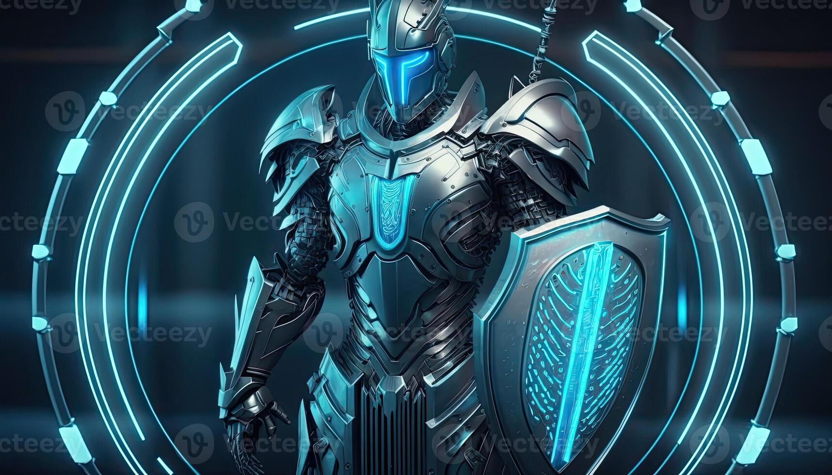 Robot , neon high-tech concept, sports game of cyberpunk science fiction, a scene stand pedestal stage, illustration, and futuristic neon glow. photo