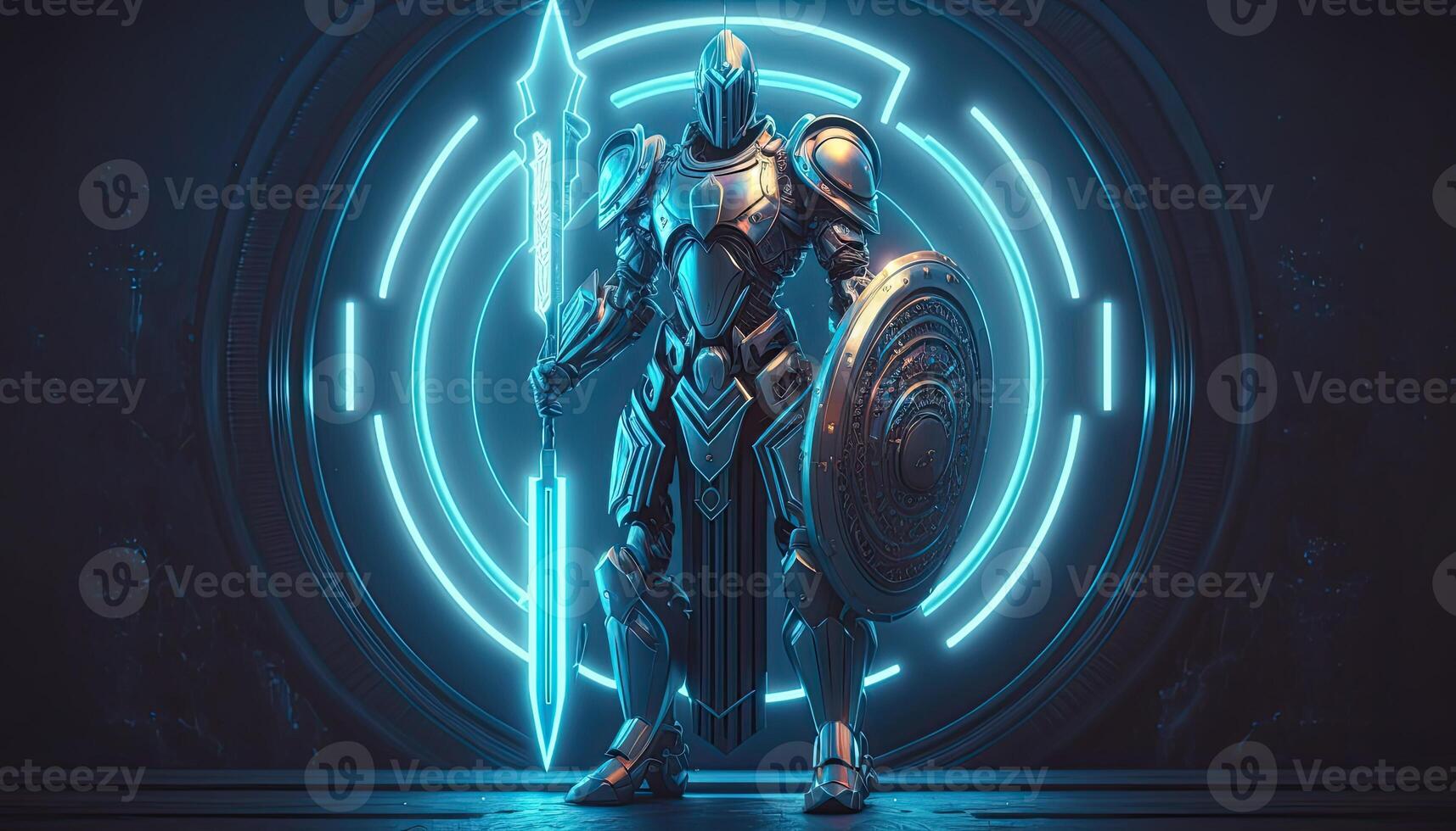 Robot , neon high-tech concept, sports game of cyberpunk science fiction, a scene stand pedestal stage, illustration, and futuristic neon glow. photo