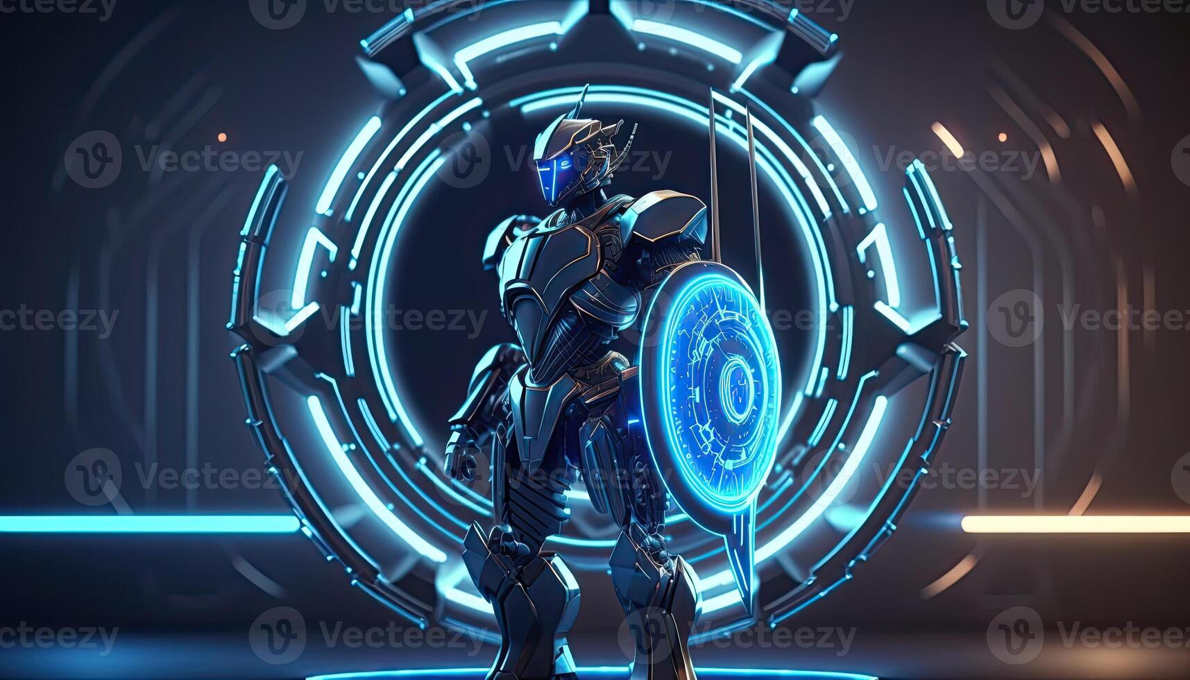 Robot , neon high-tech concept, sports game of cyberpunk science fiction, a scene stand pedestal stage, illustration, and futuristic neon glow. photo