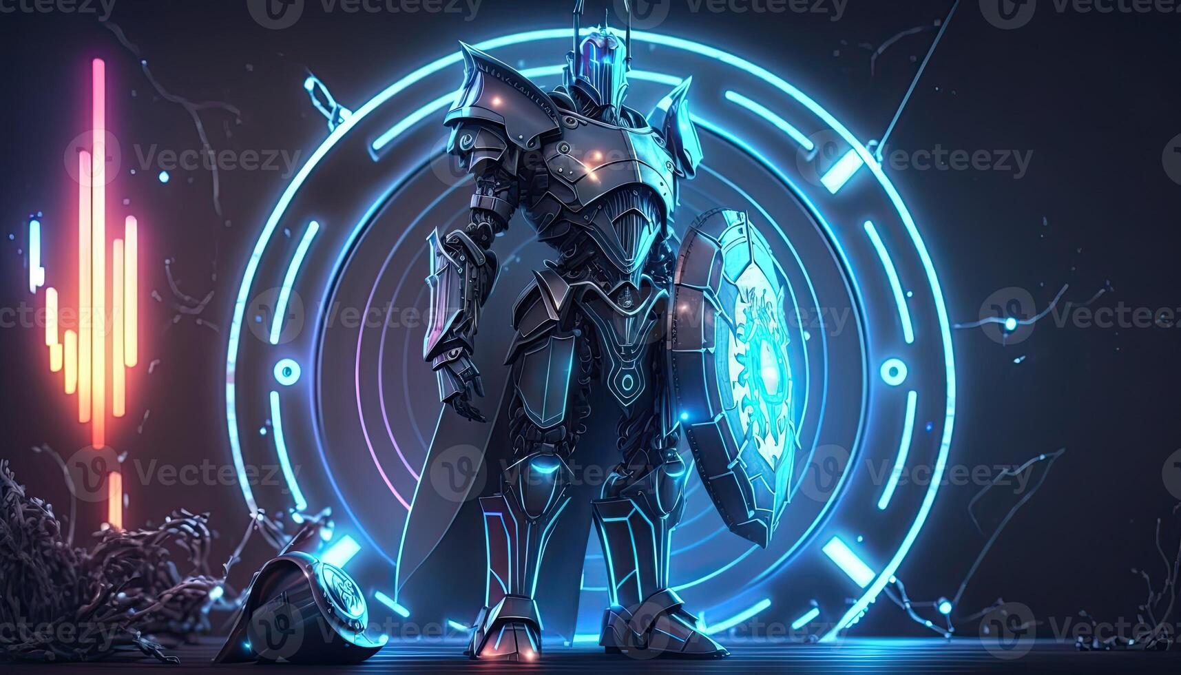 A cyborg holding a futuristic sword and shield, neon high-tech concept, sports game of cyberpunk science. . photo