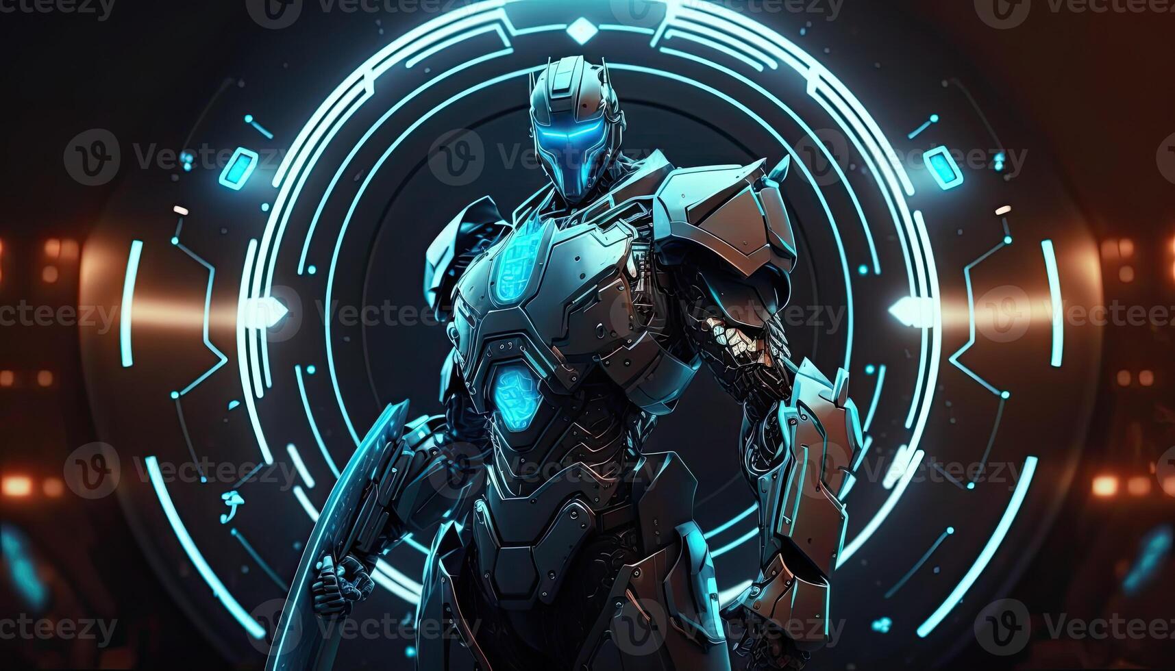 Robot , neon high-tech concept, sports game of cyberpunk science fiction, a scene stand pedestal stage, illustration, and futuristic neon glow. photo