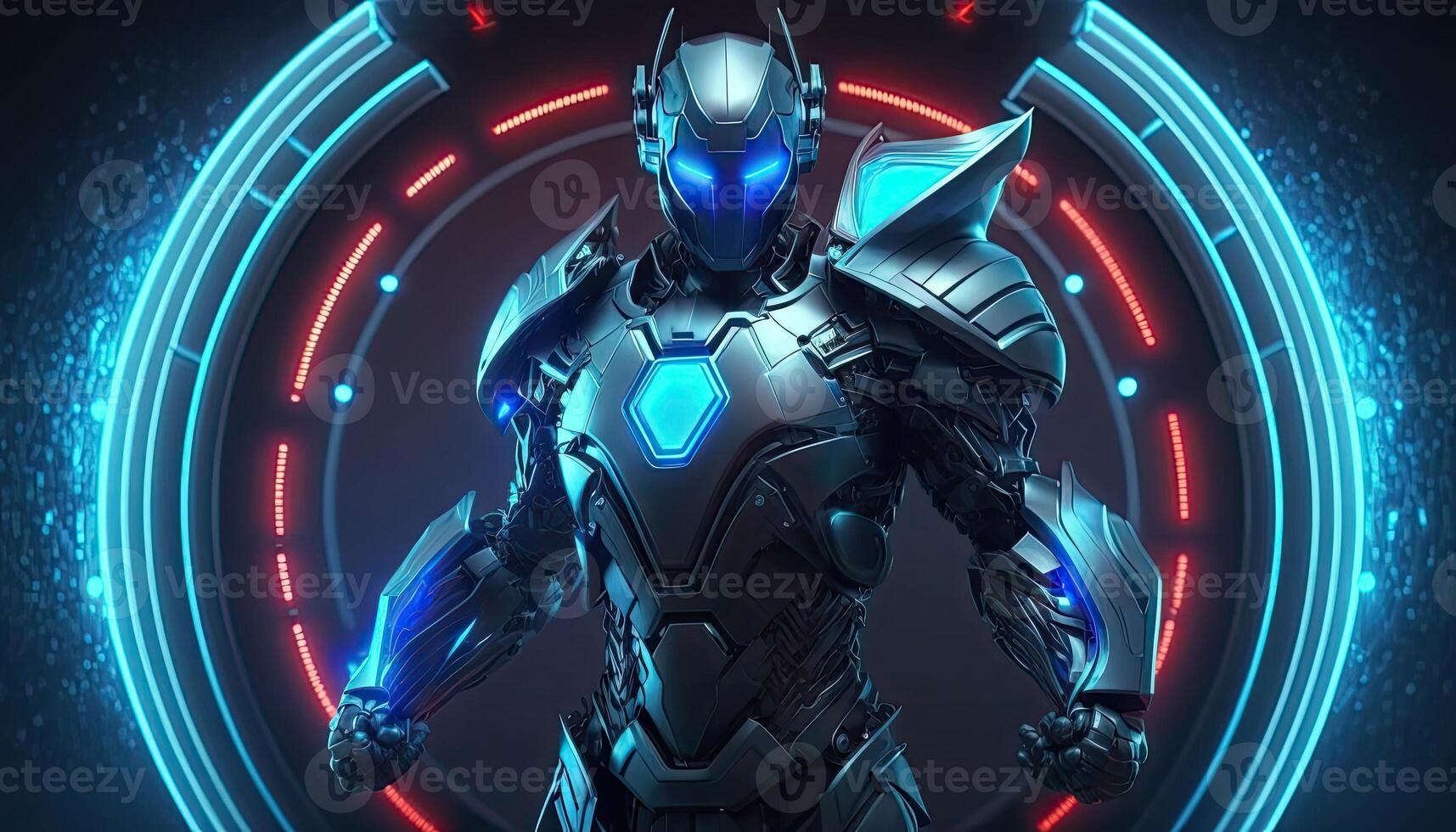 Robot , neon high-tech concept, sports game of cyberpunk science fiction, a scene stand pedestal stage, illustration, and futuristic neon glow. photo