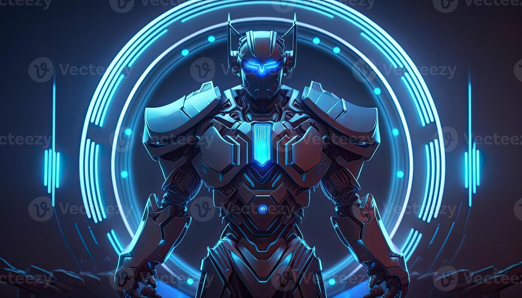 Robot , neon high-tech concept, sports game of cyberpunk science fiction, a scene stand pedestal stage, illustration, and futuristic neon glow. photo