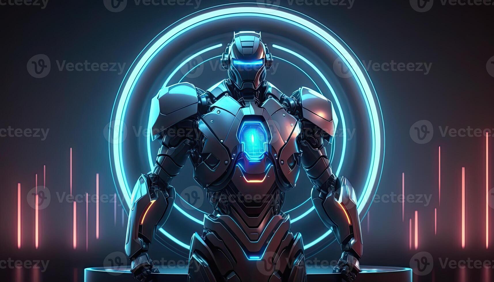 Robot , neon high-tech concept, sports game of cyberpunk science fiction, a scene stand pedestal stage, illustration, and futuristic neon glow. photo