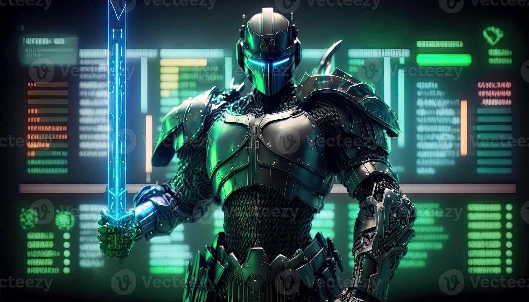 A Cyborg Holding a Futuristic Sword with Holographic Screen on Dark Background. . photo