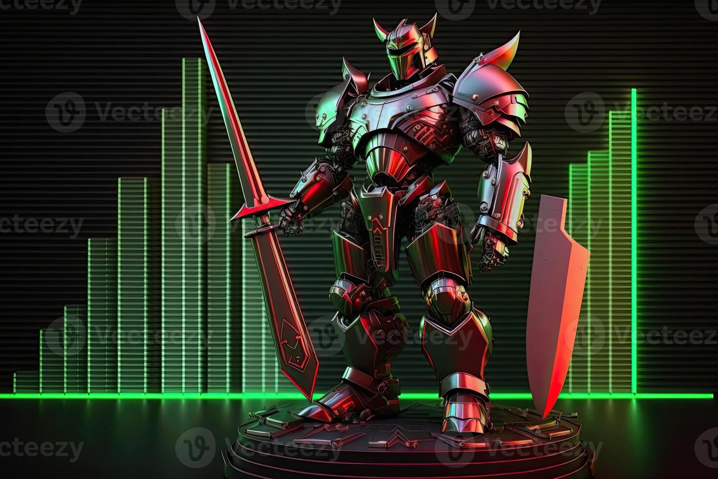 A cyborg holding a futuristic sword digital hologram graphs background, digital art style. . photo