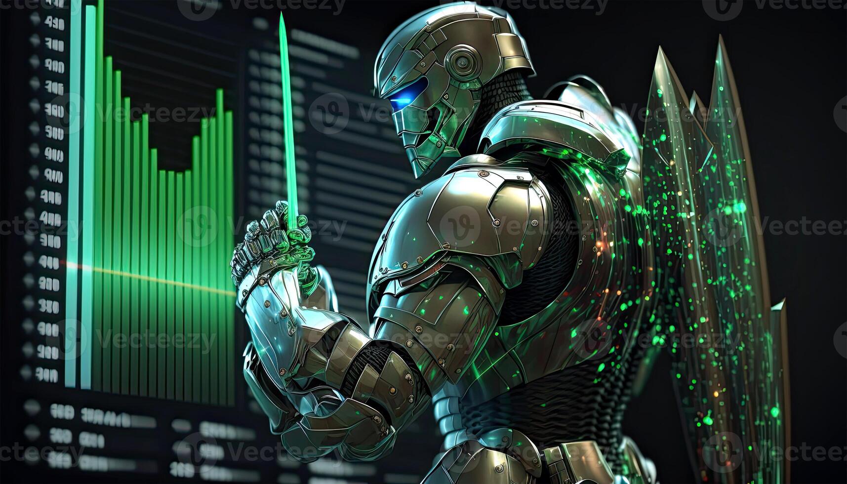 A Cyborg Holding a Futuristic Sword with Holographic Screen on Dark Background. Illustration. photo