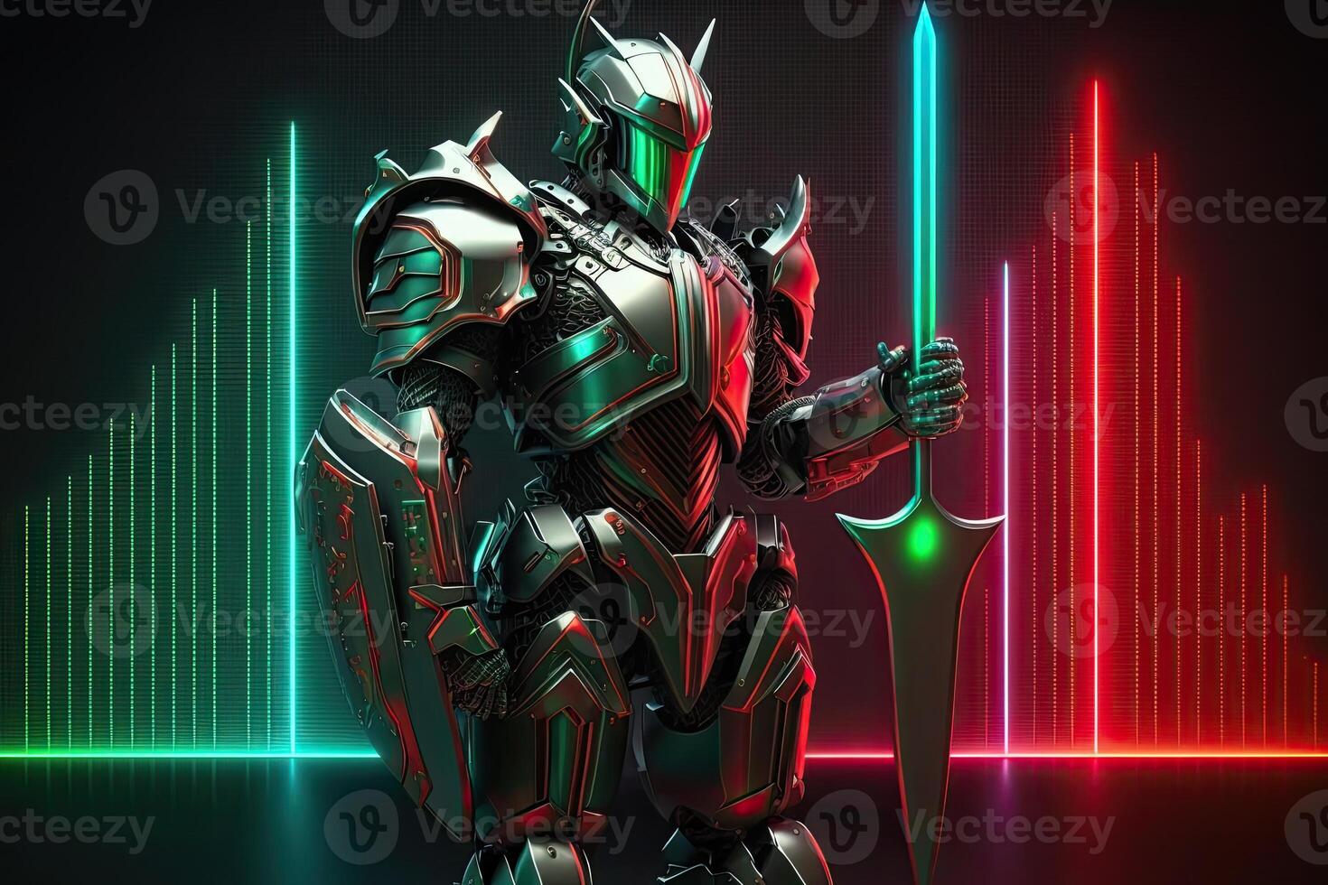 A cyborg holding a futuristic sword digital hologram graphs background, digital art style. . photo