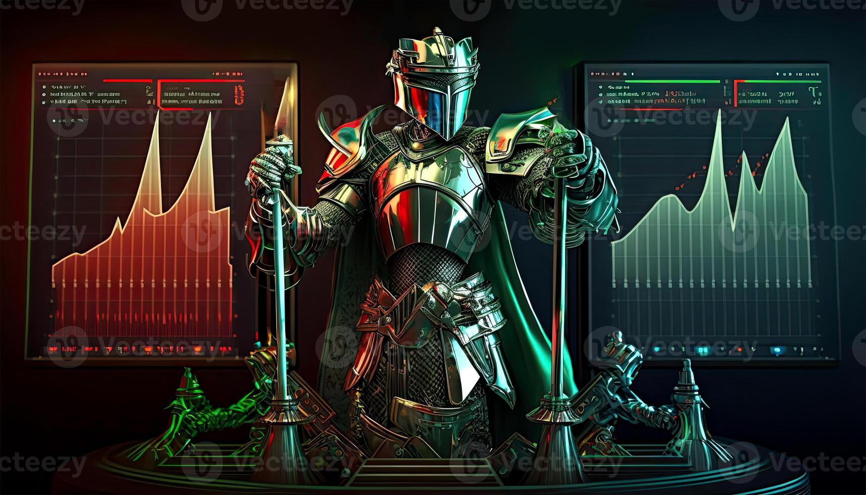 A Cyborg Holding a Futuristic Sword with Holographic Screen on Dark Background. . photo