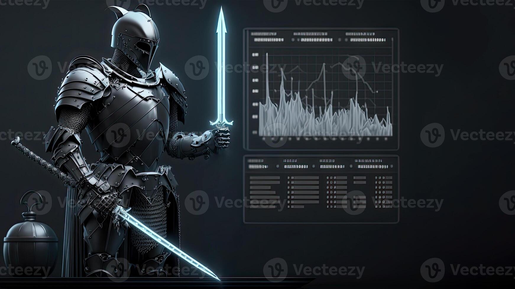 A Cyborg Holding a Futuristic Sword with Holographic Screen on Dark Background. . photo