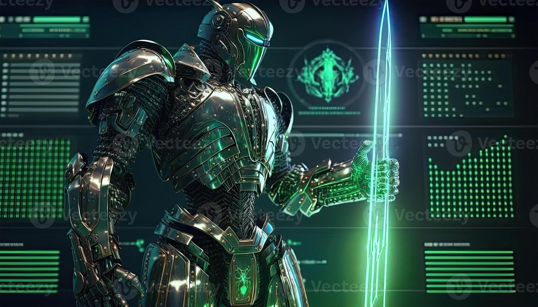 A Cyborg Holding a Futuristic Sword with Holographic Screen on Dark Background. Illustration. photo