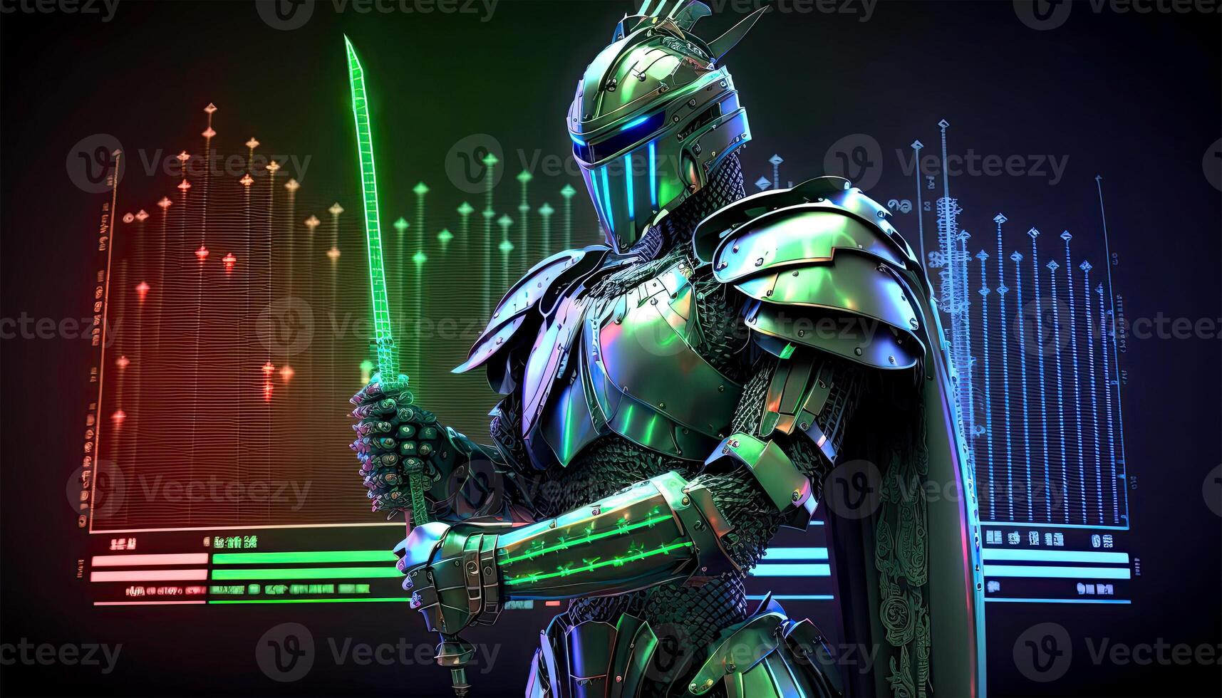 A Cyborg Holding a Futuristic Sword with Holographic Screen on Dark Background. . photo