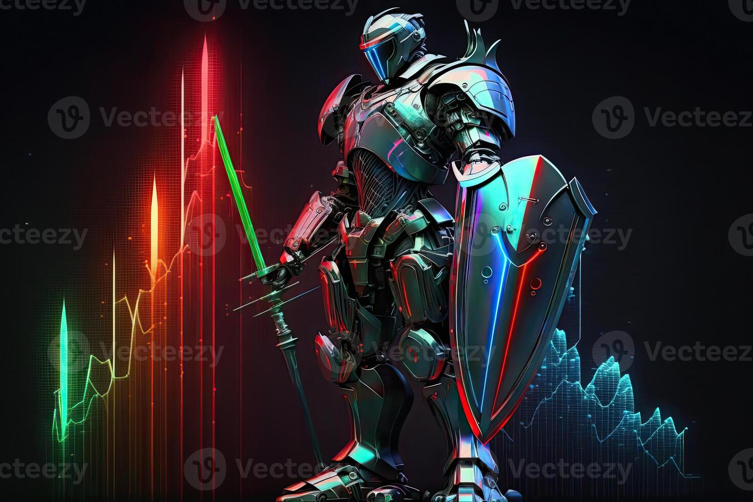 A cyborg holding a futuristic sword with shield, digital hologram graphs background, digital art style. . photo