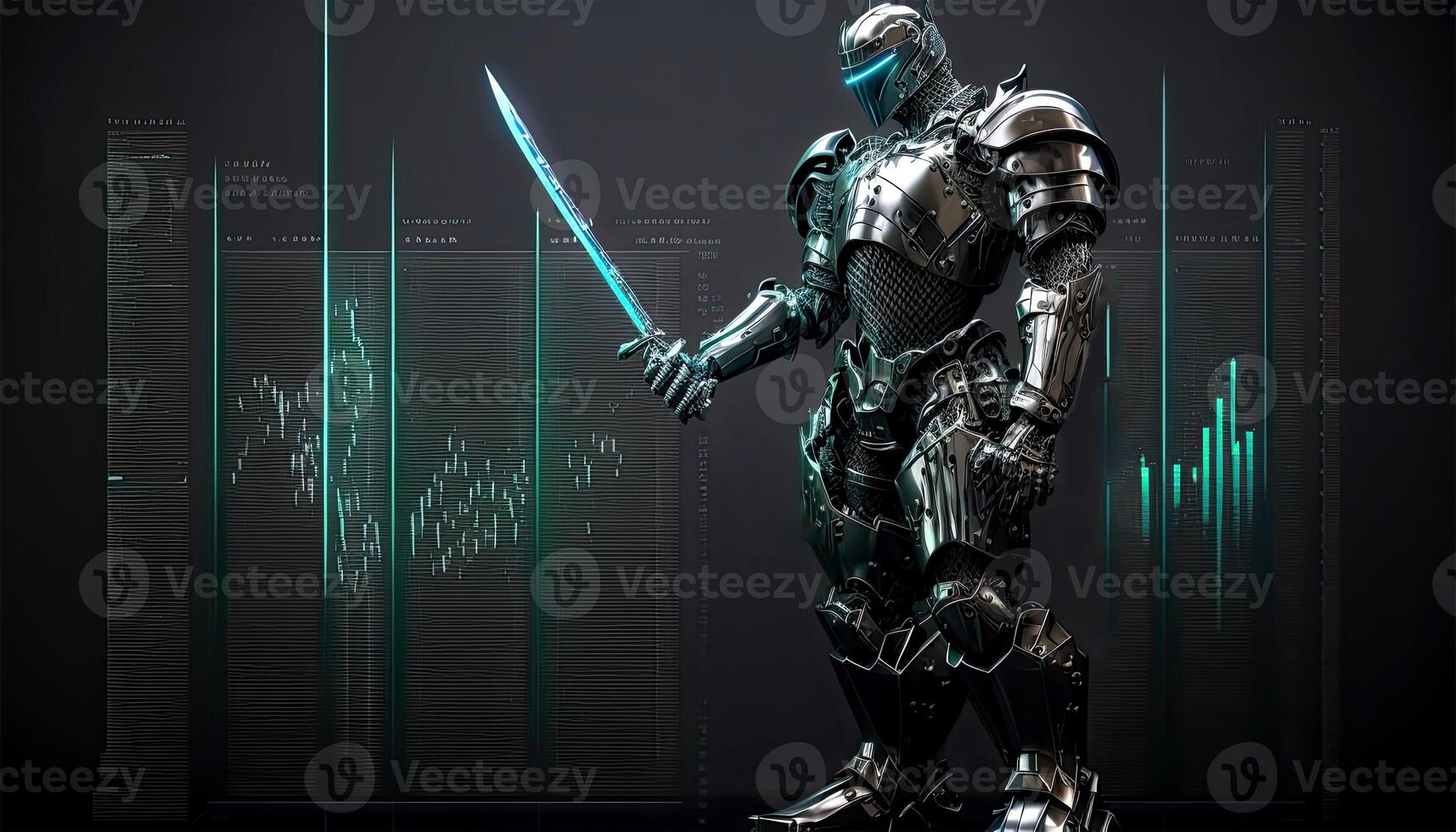 A Cyborg Holding a Futuristic Sword with Holographic Screen on Dark Background. . photo