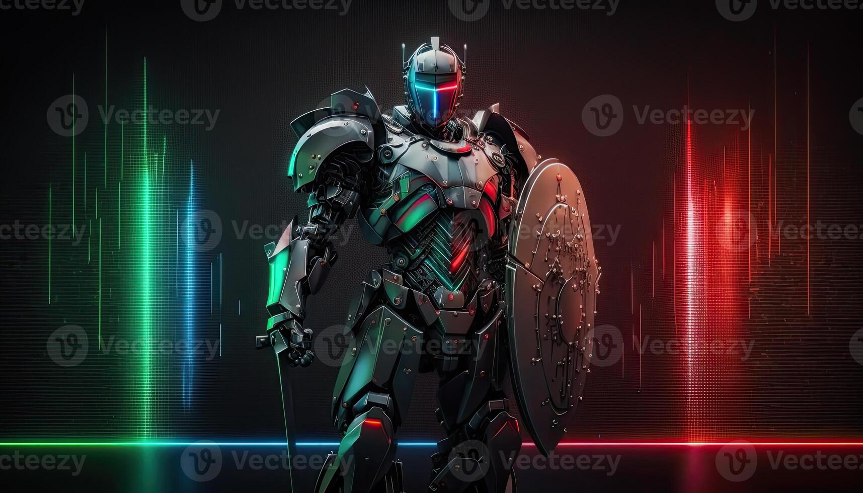 A cyborg holding a futuristic shield digital hologram graphs background, digital art style. Generative AI. photo