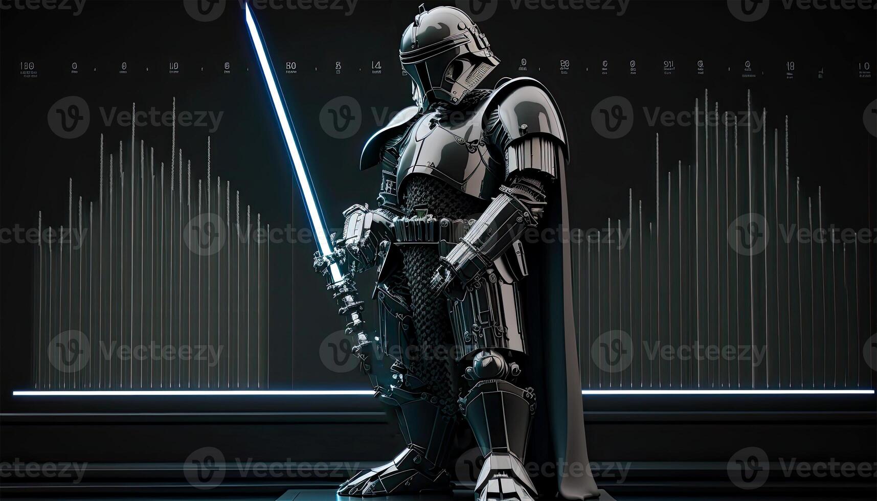 A Cyborg Holding a Futuristic Sword with Holographic Screen on Dark Background. . photo