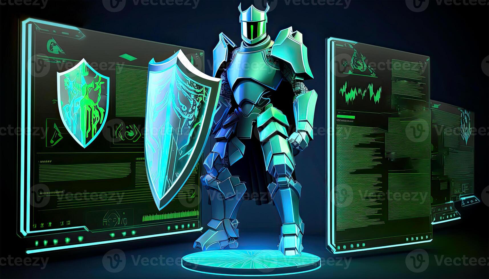 A Cyborg Holding a Futuristic Shield with Holographic Screens on Dark Background. . photo