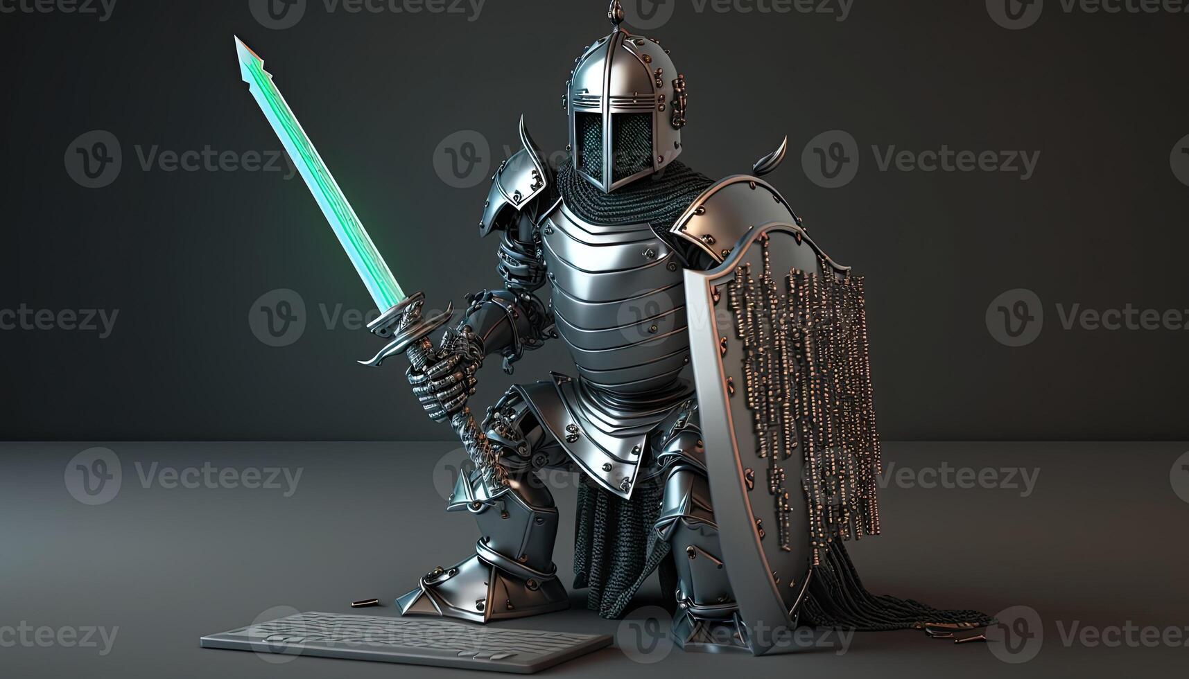 A cyborg holding a futuristic sword with shield, digital art style. . photo