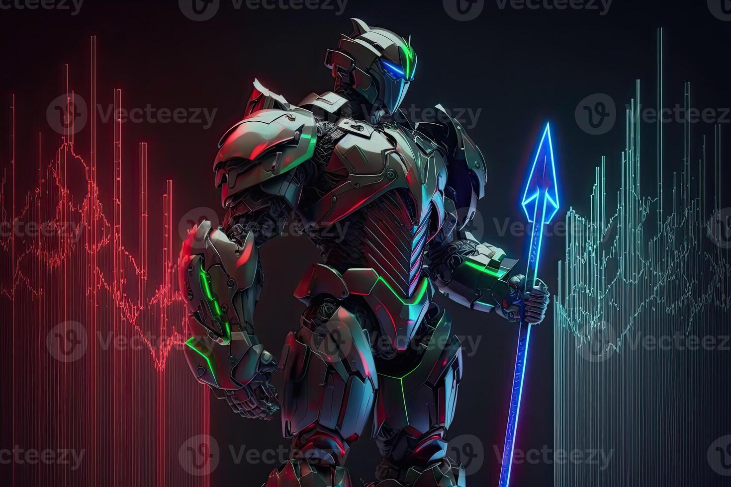 A cyborg holding a futuristic sword digital hologram graphs background, digital art style. . photo