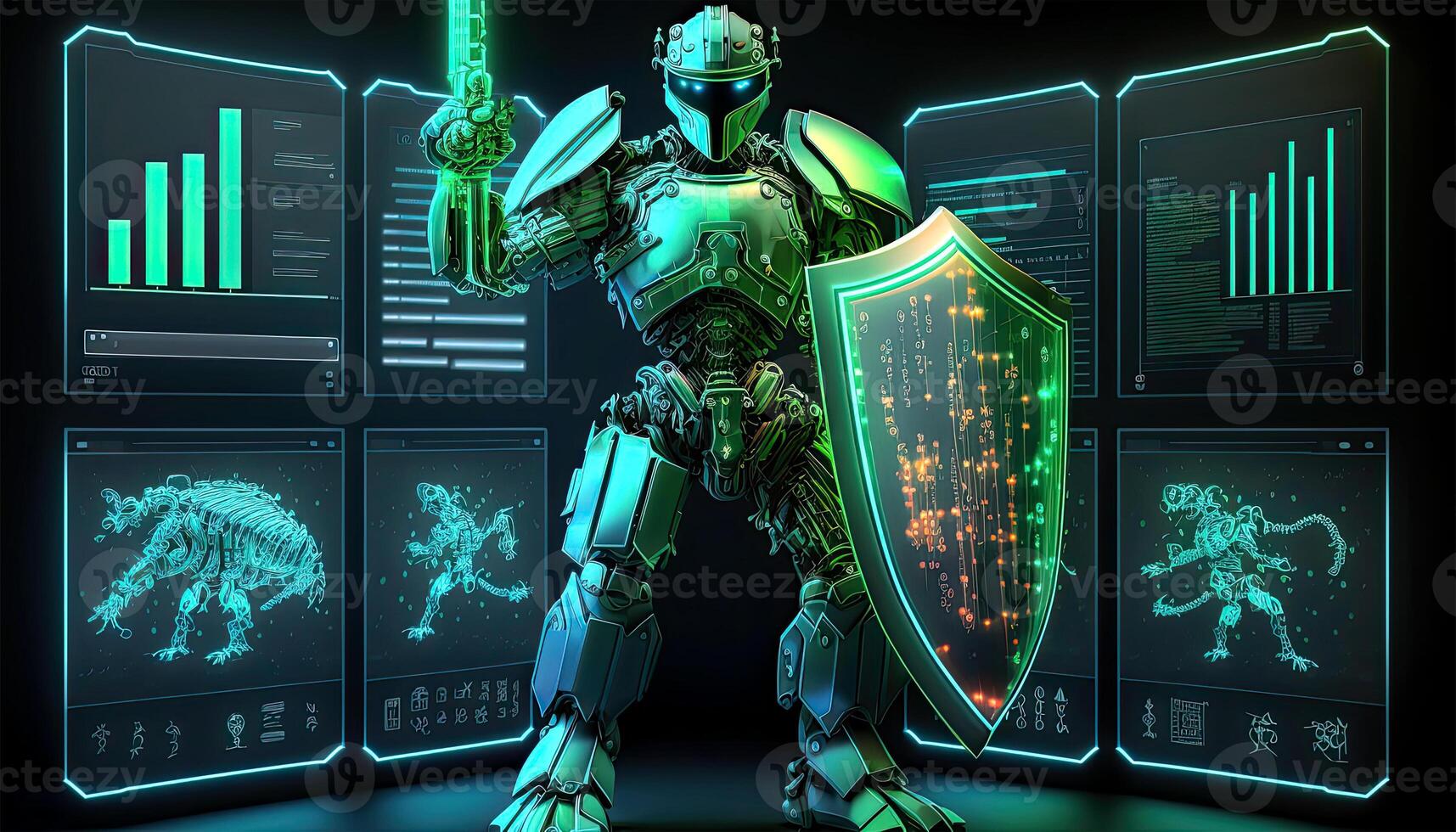 A Cyborg Holding a Futuristic Sword with Shield and Monster Information Holographic Screen on Dark Background. Illustration. photo