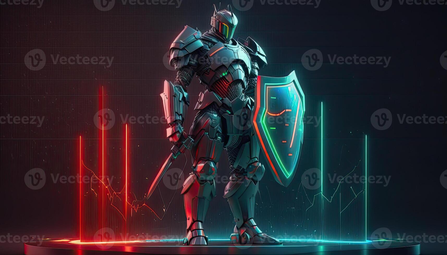 A cyborg holding a futuristic sword with shield, digital hologram graphs background, digital art style. . photo