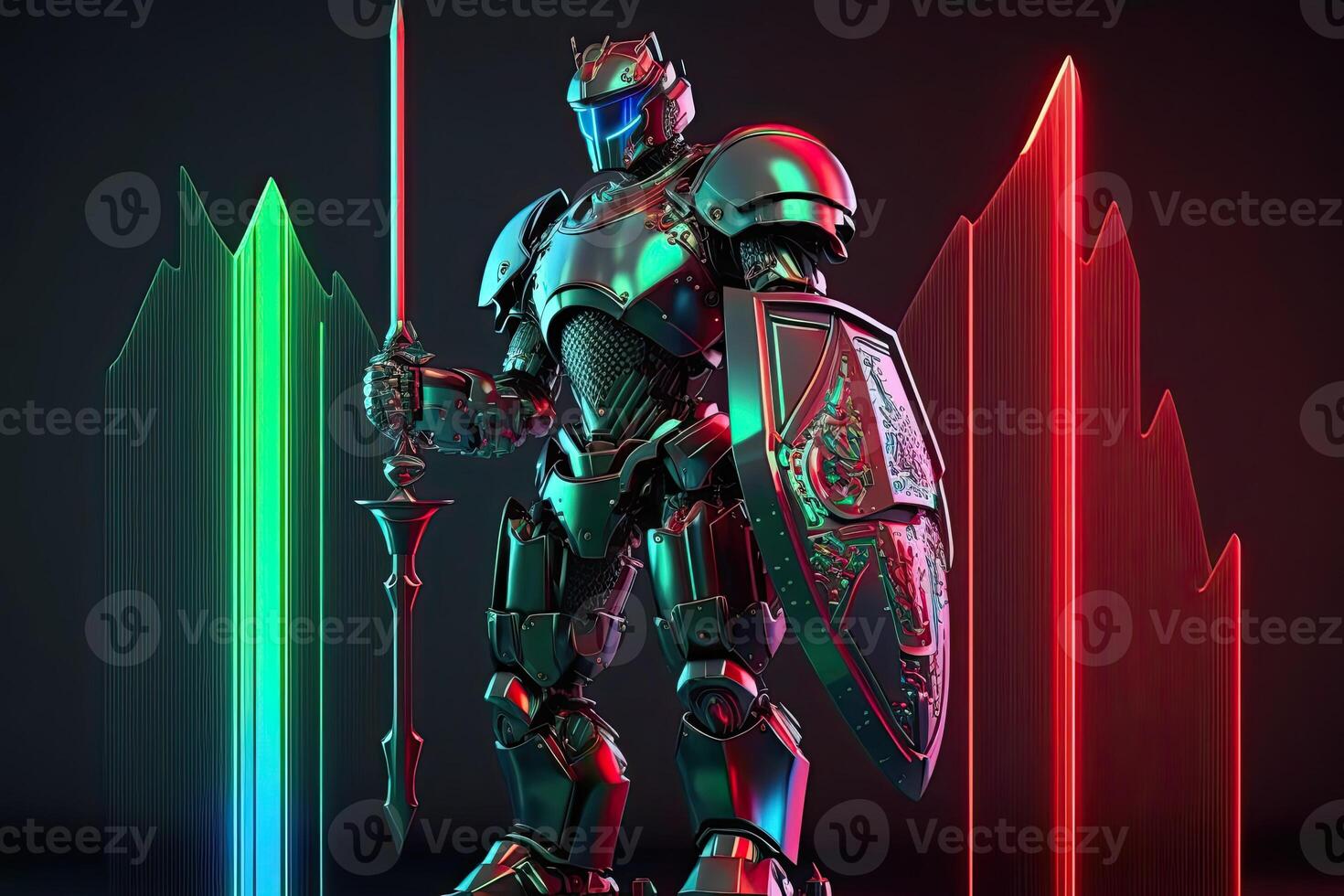A cyborg holding a futuristic sword digital hologram graphs background, digital art style. . photo