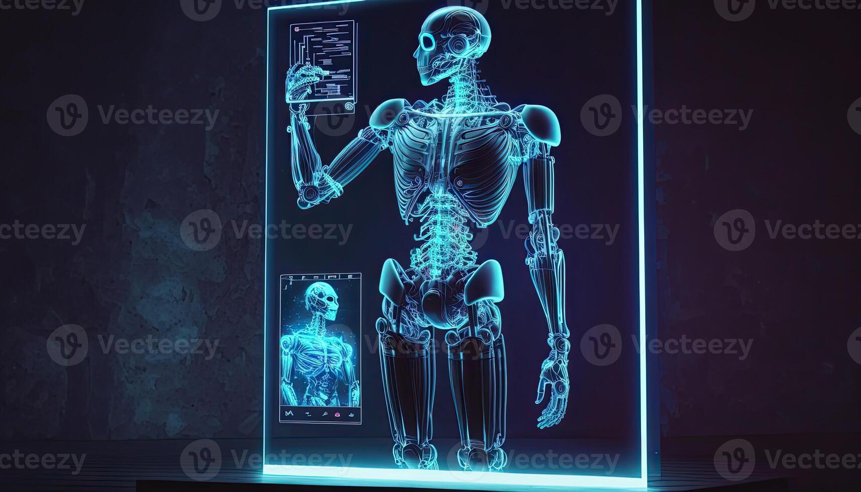 Humanoid Robot analyzing hologram display, Digital art style. . photo