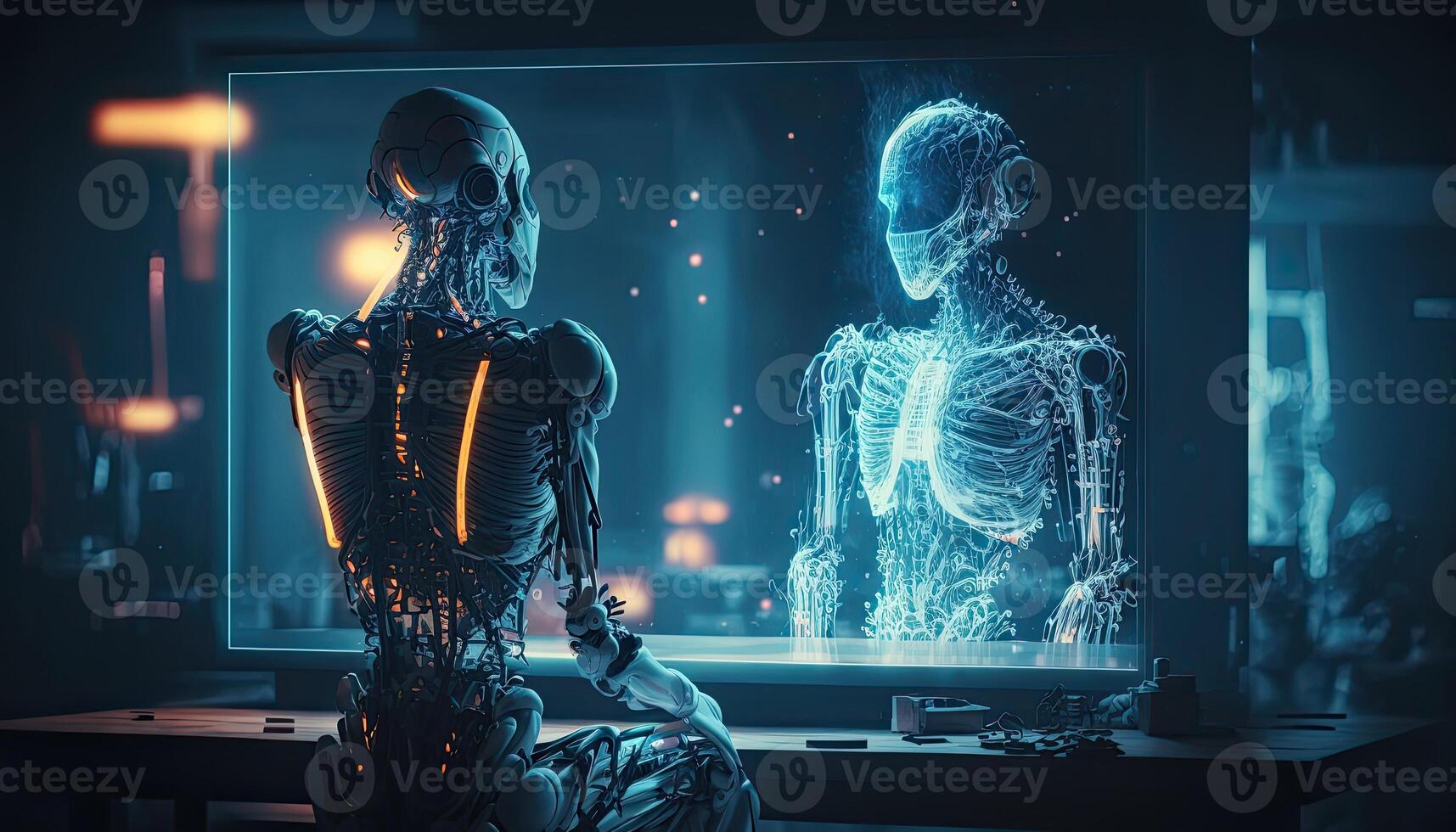 Humanoid Robot sitting in front of virtual hologram screen background ...