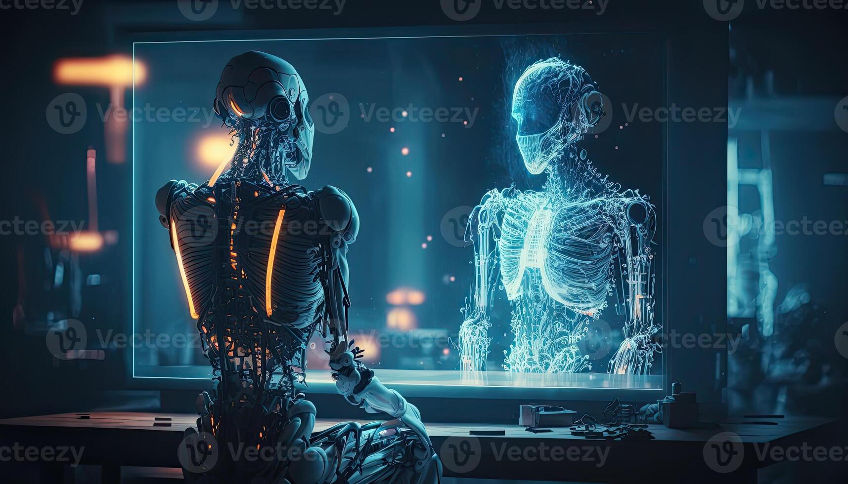 Humanoid Robot sitting in front of virtual hologram screen background, Digital art style. . photo