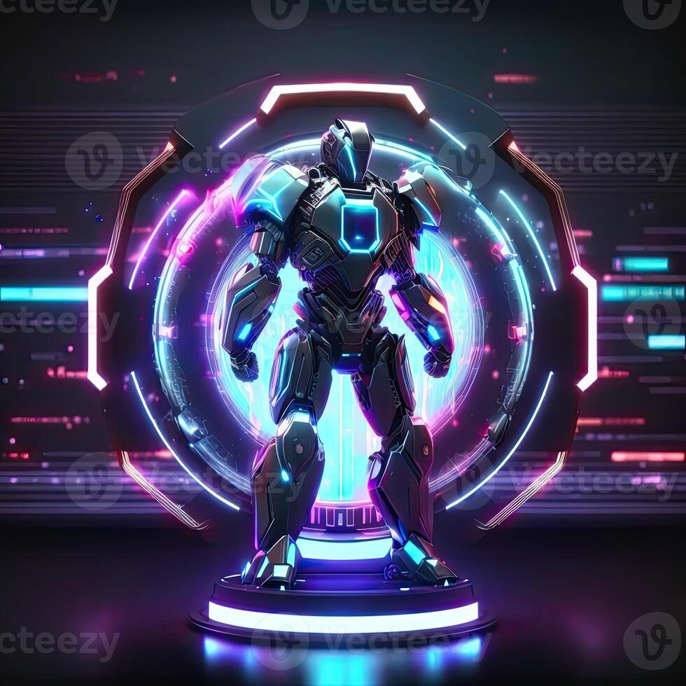 Robot , neon high-tech concept, sports game of cyberpunk science fiction, a scene stand pedestal stage, illustration, and futuristic neon glow. Generative AI photo