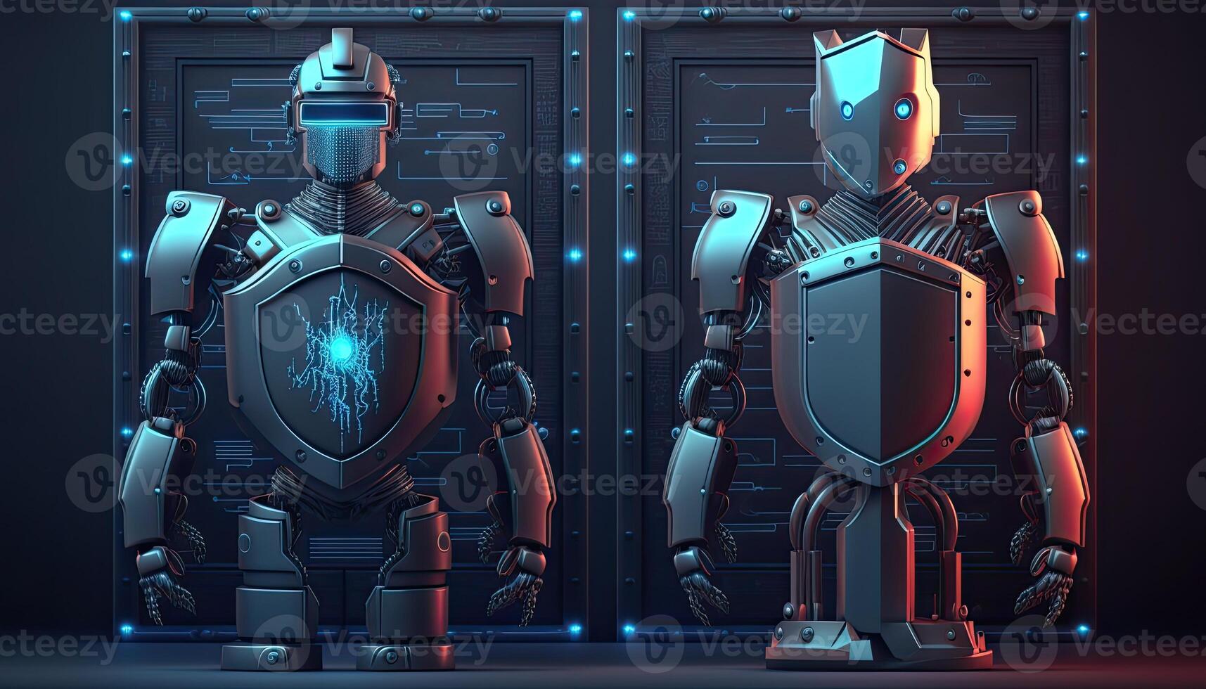 A cyborg holding a futuristic sword with shield, digital art style. . photo