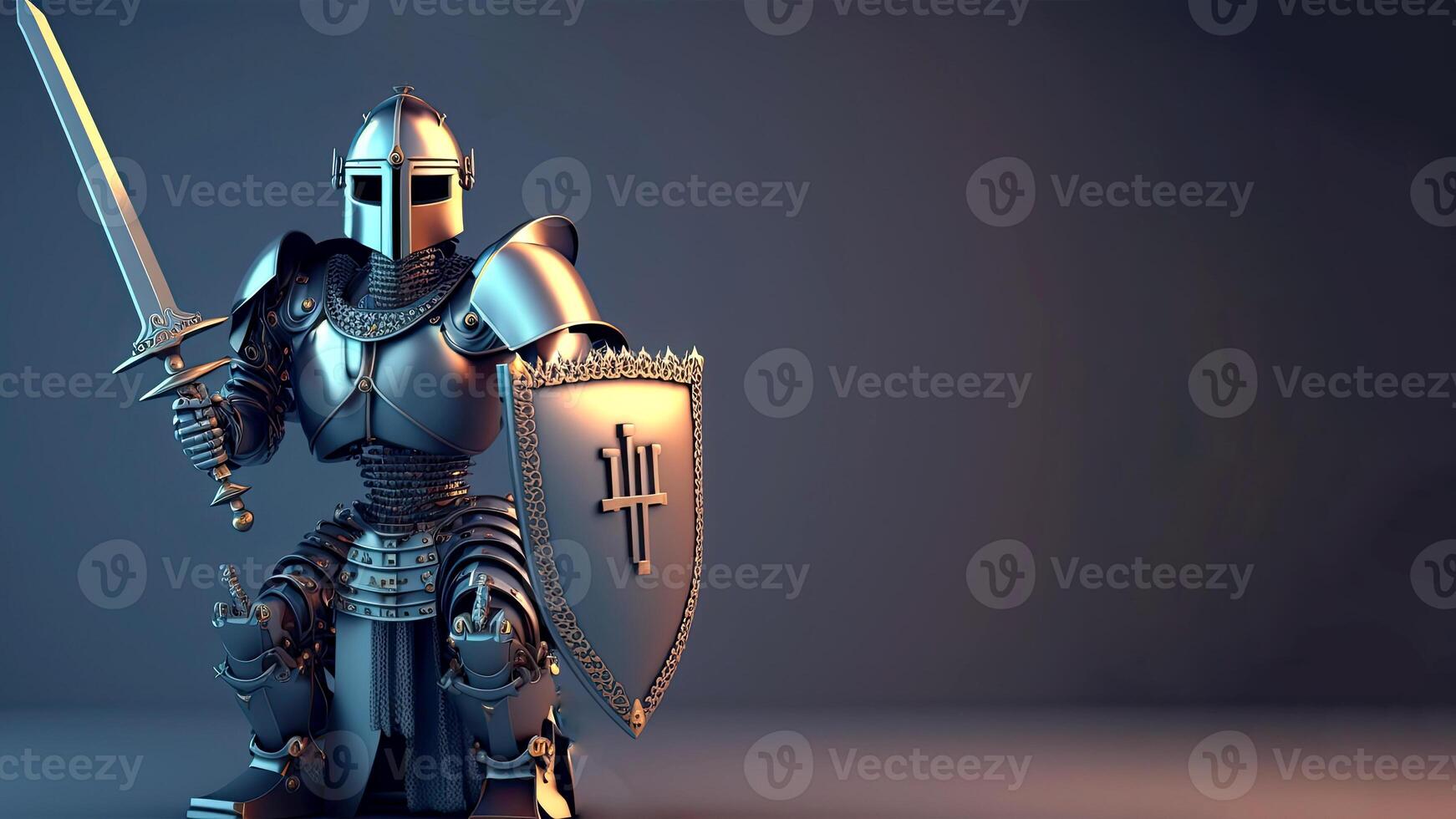 Action Cyborg Holding a Sword with Shield on Dark Background And Copy Space. Illustration. photo