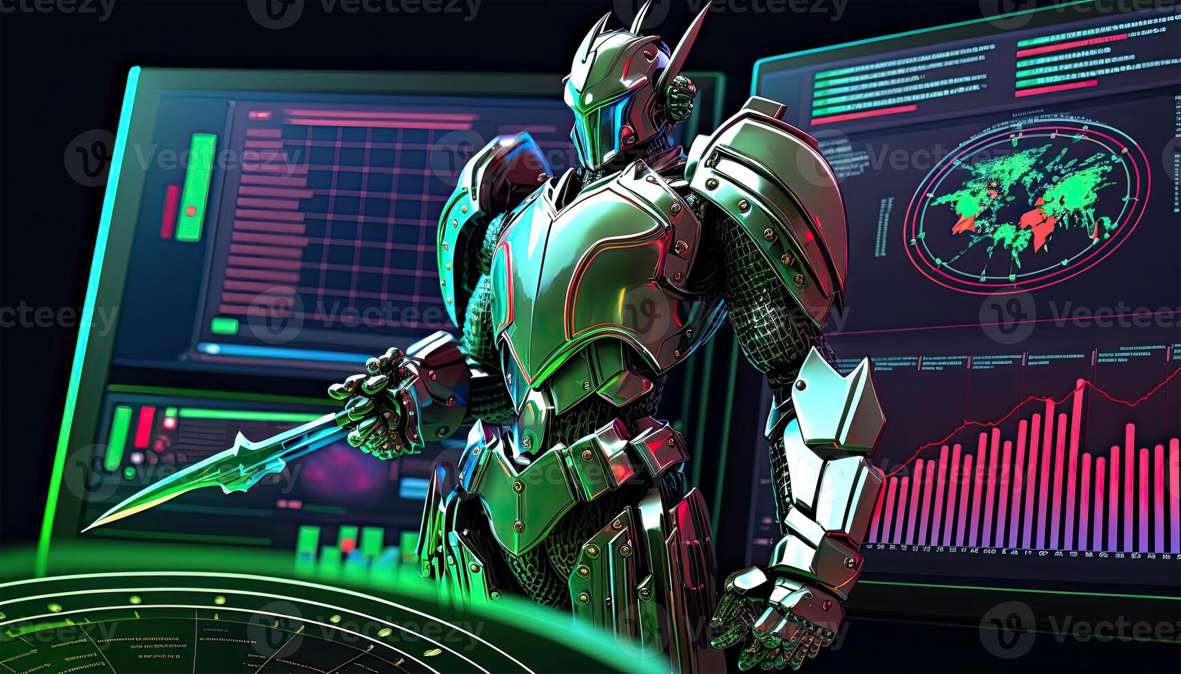 A Cyborg Holding a Futuristic Sword with Holographic Screen on Dark Background. . photo