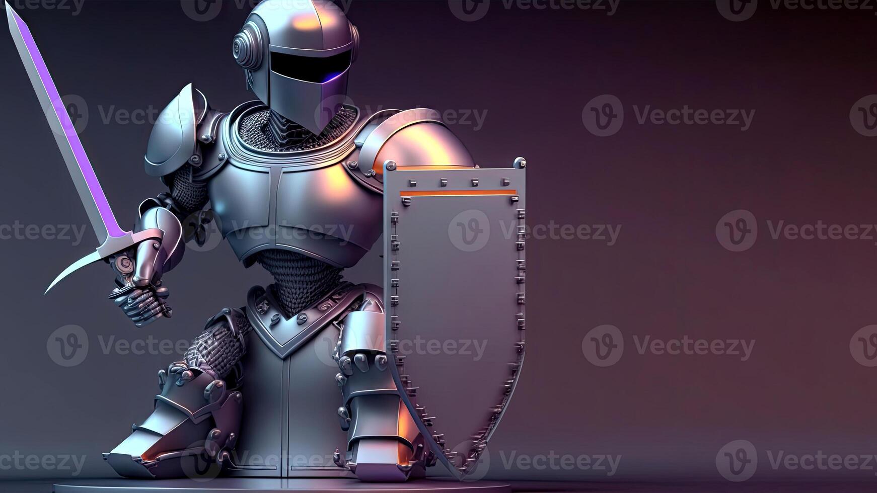 Action Cyborg Holding a Sword with Shield on Dark Background And Copy Space. Illustration. photo