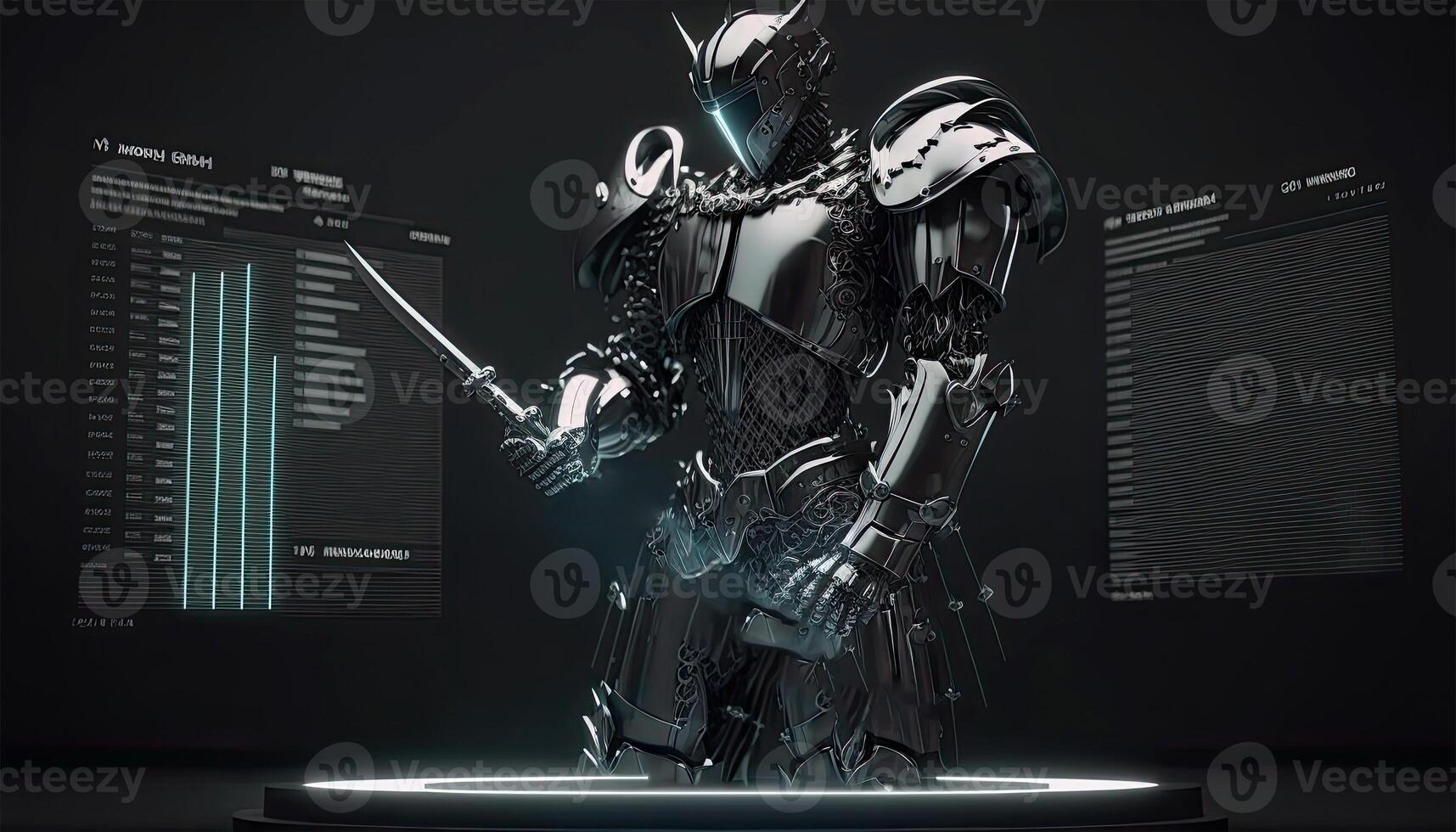 A Cyborg Holding a Futuristic Sword with Holographic Screen on Dark Background. . photo