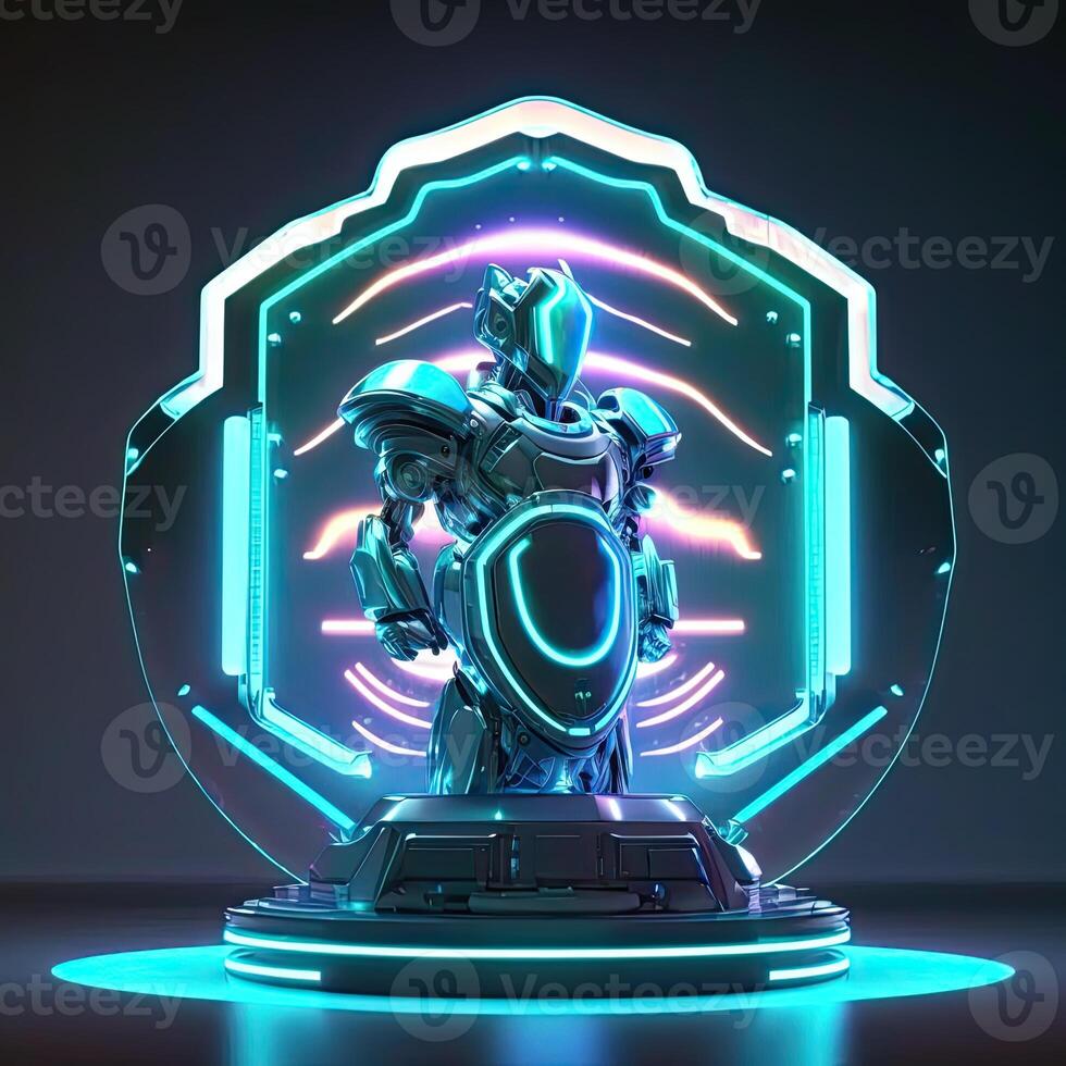 Robot , neon high-tech concept, sports game of cyberpunk science fiction, a scene stand pedestal stage, illustration, and futuristic neon glow. photo