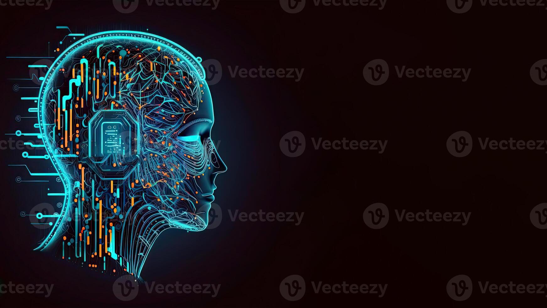 Artificial Intelligence in Humanoid Head with Neural Network, Digital Brain Learning Processing Big Data. Face of Cyber Mind. Technology and Space for Your Message. photo