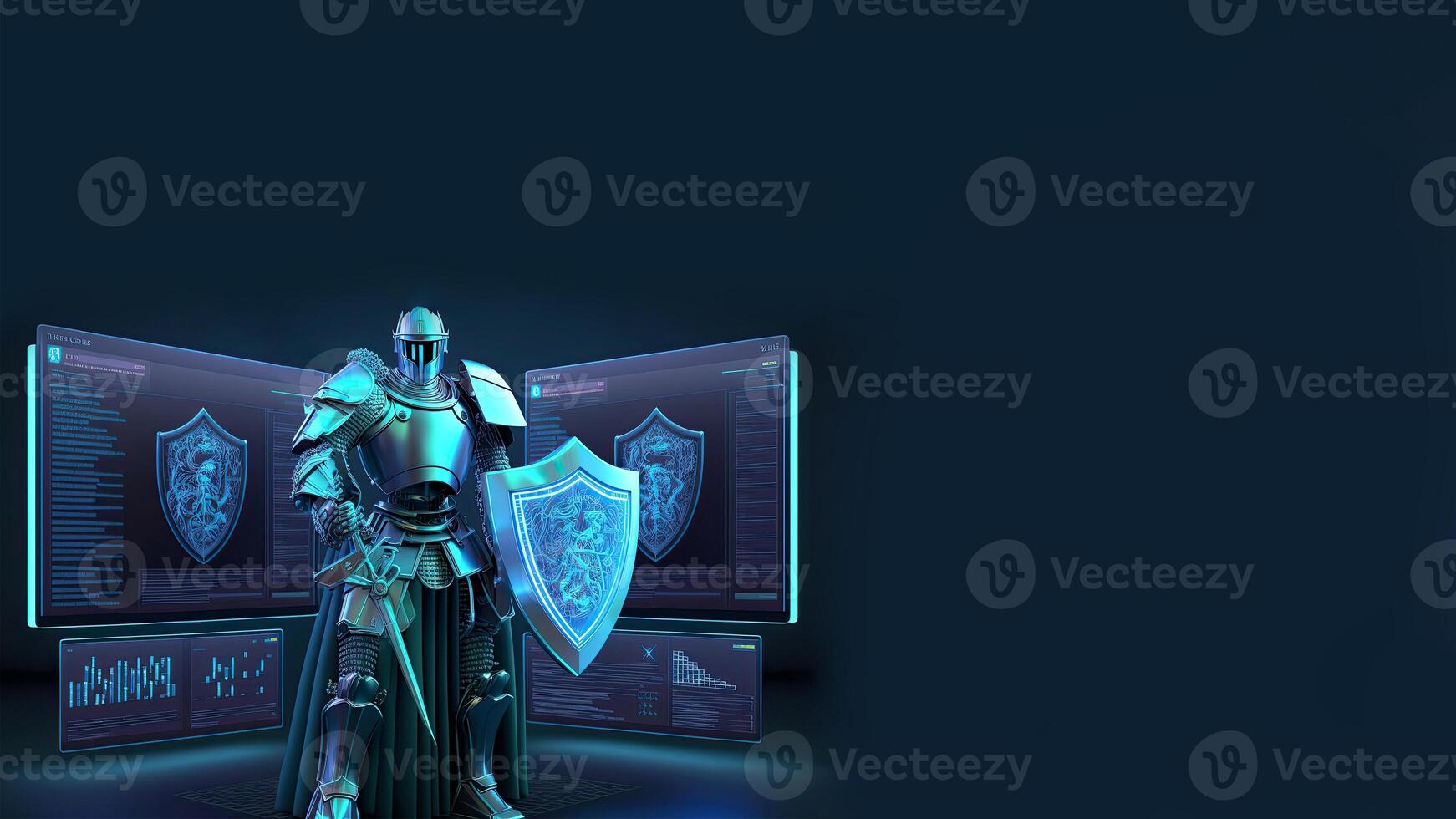 A Cyborg Holding a Futuristic Sword, Shield, Holographic Screen on Dark Background and Copy Space. DIgital Art Illustration. . photo
