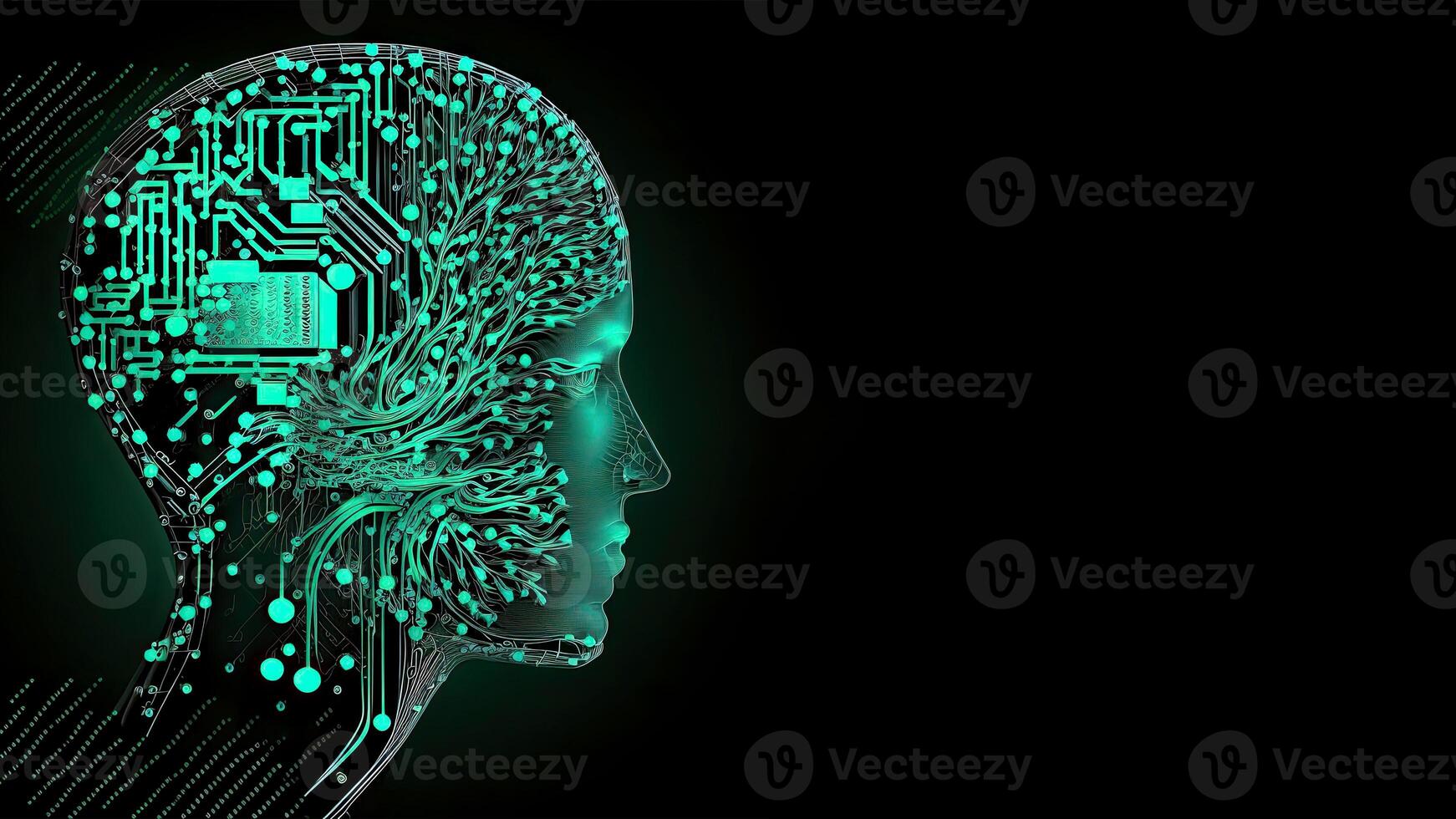 Artificial Intelligence in Humanoid Head with Neural Network, Digital Brain Learning Processing Big Data. Face of Cyber Mind. Technology and Space for Your Message. photo